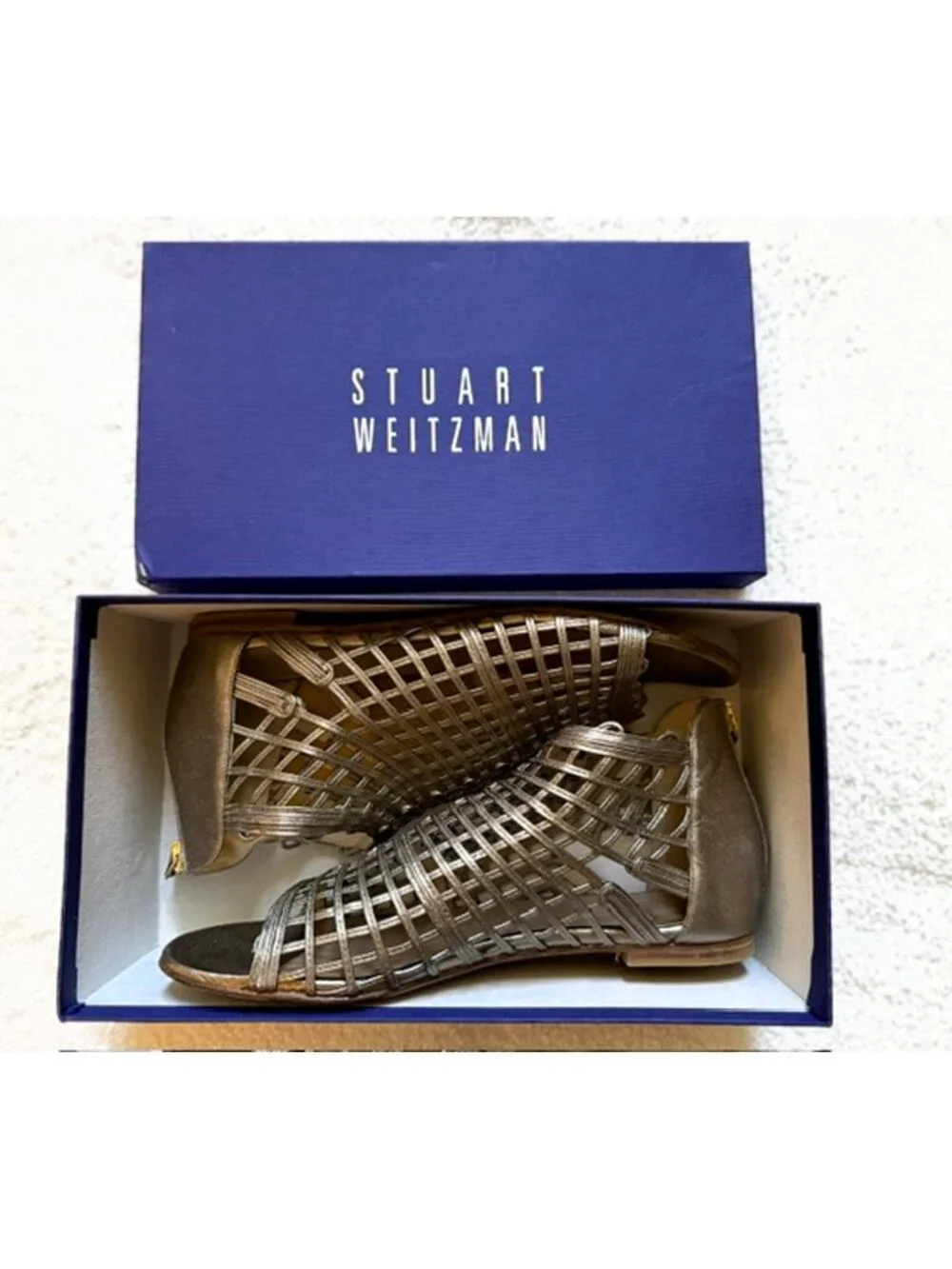Stuart Weitzman Metallic Woven Cage Sandals With Box - size 8